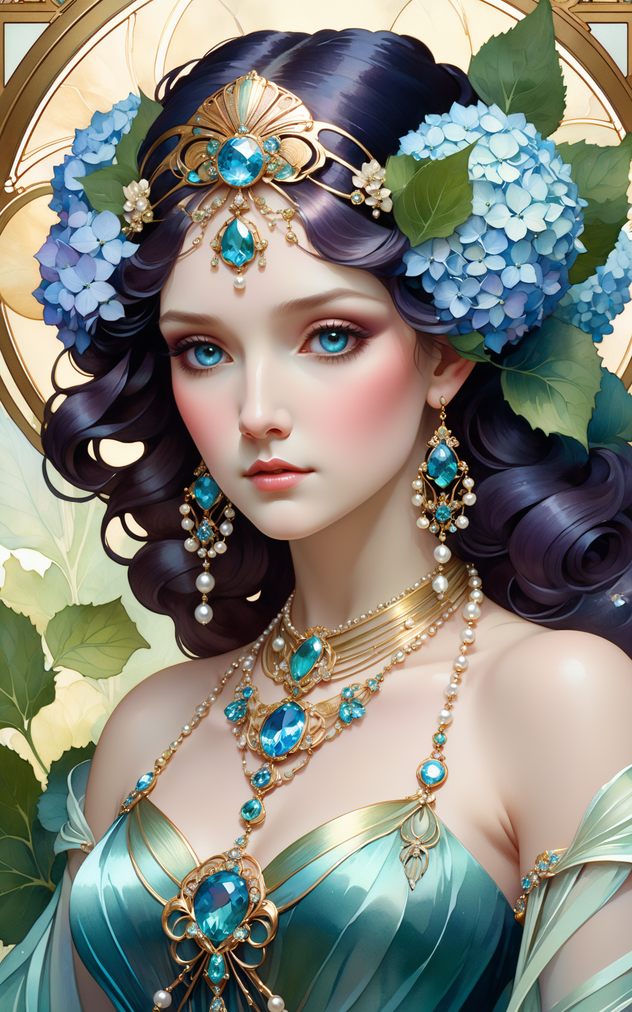 04785-4181447891-Art nouveau goddess hydrangeas gems crystals jewelry pearls watercolor, 8k resolution concept art portrait by Greg Rutkowski, Ar.png